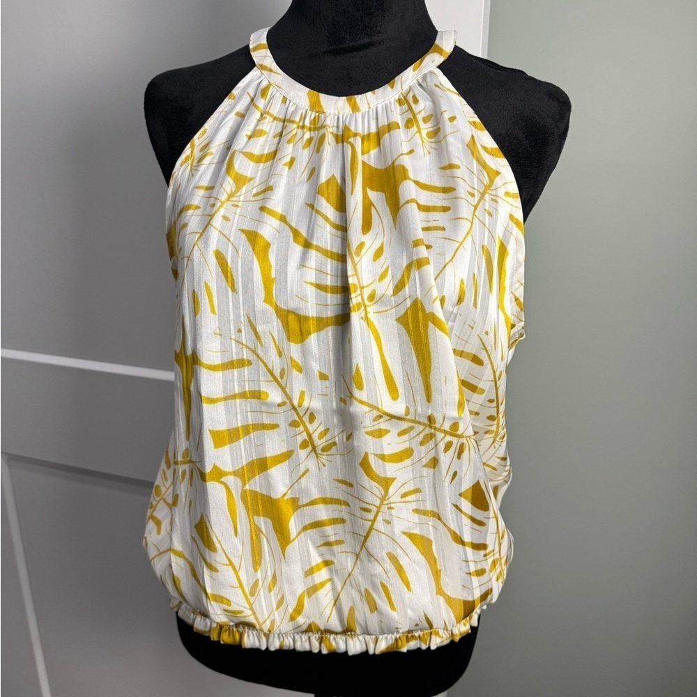 Joie Women Tropical Leaf Print Blouse Yellow White Sheer Smocked Halter blouson